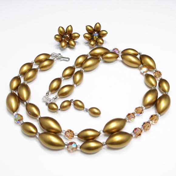 Vintage Gold Pearled & Crystal Beaded Necklace, Matching Clip Earrings, 1950 - Picture 1 of 10